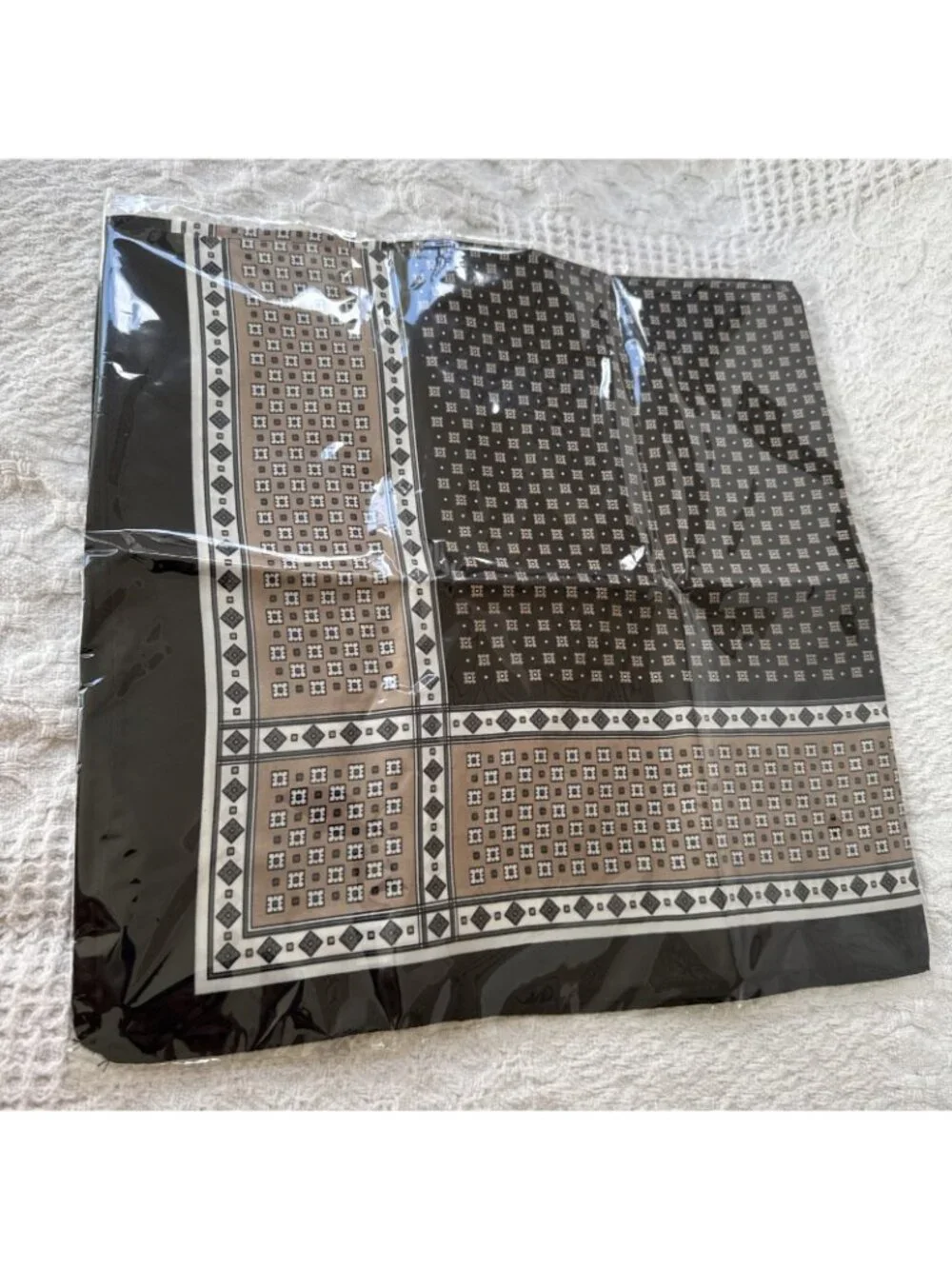 Elan 36” Square Scarf Geometric Silky Handkerchief Black Brown Cream NEW